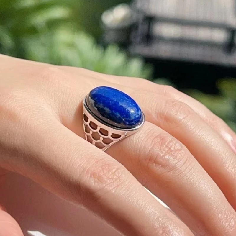 Real Solid 925 Sterling Silver Band Men Women Lucky Lapis Lazuli Oval Hollow Ring