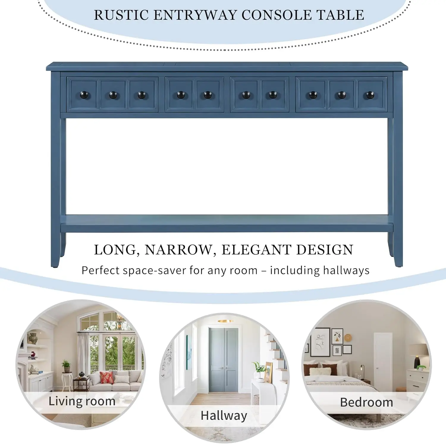 Rustic Entryway Console Table, 60"" Long Sofa Table With Two Different Size Drawers And Bottom Shelf For Storage (Antique Navy)
