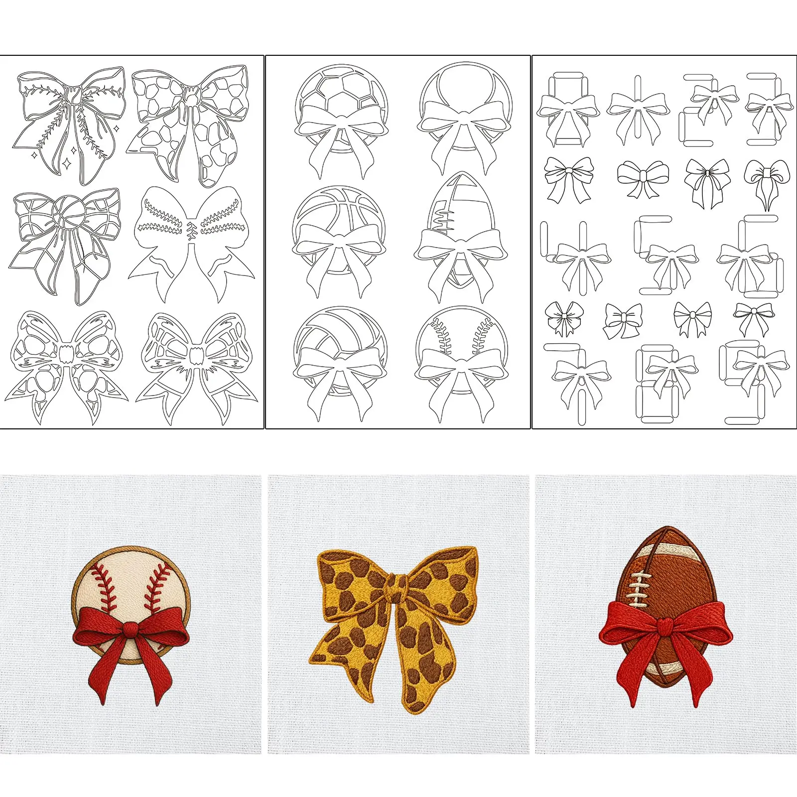 

3 Sheets Water-Soluble Embroidery Stabilizer - 30 Pre-Printed Sporty Bow Designs for Stick & Stitch Projects on Bags & Clothing