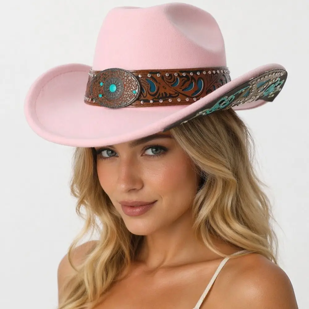 Vintage Dress Up Western Cowboy Hat Turquoise Decor Wide Brim Ethnic Style Fedora Hat Jazz Print Topper Hat Stage Performance