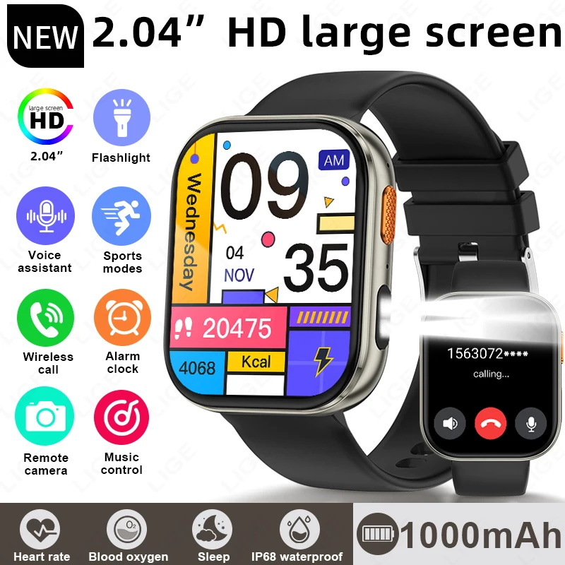 

LIGE Bluetooth Call Smart Watch Men 1000mAh Battery 2.04inch Real-time Heart Rate Sleep Monitor Music Waterproof Smartwatch 2026