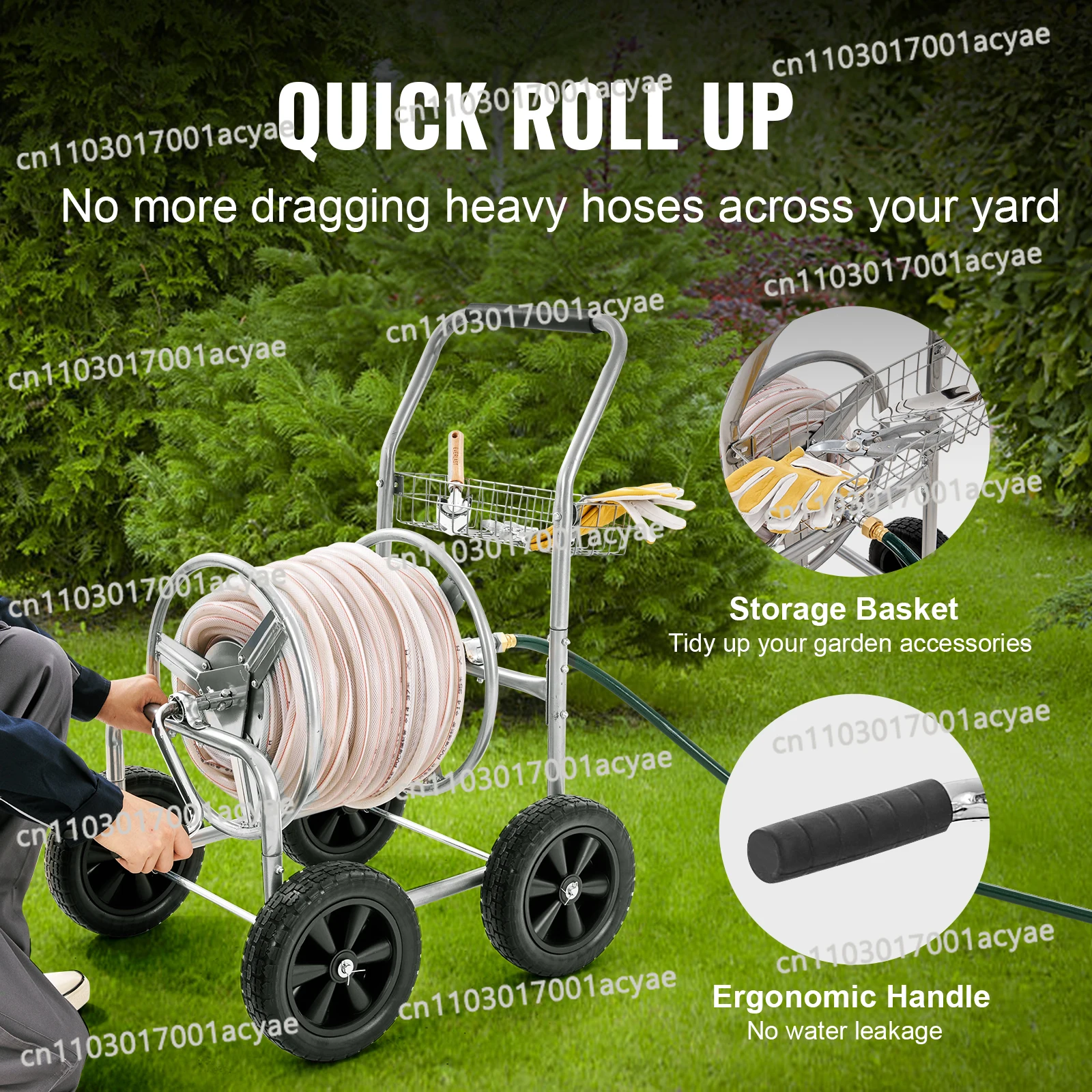 Hose Reel Cart Hold Up to 300 ft of 5/8’’ Hose Garden Water Hose Carts Mobile Tools with 4 Wheels Powder-coated Steel