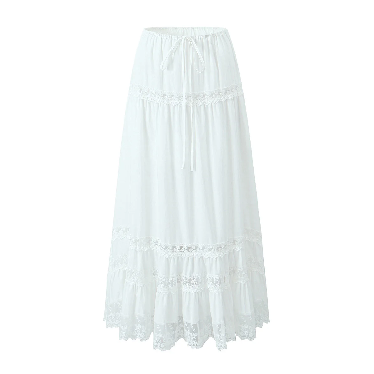 2024 Holiday White Spliced Lace Elastic Waist Ankle Length Long Skirt Women Ruched Swing A-lined Skirts Boho