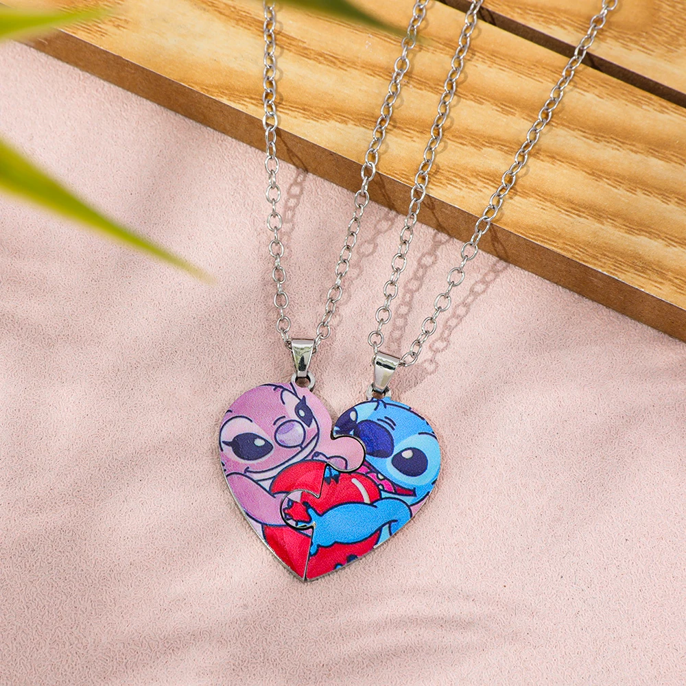 

2pcs Disney Cartoon Figure Stitch And Angel Creative Heart Puzzle Pendant Couple Fashion Accessories for Valentine's Day Gift
