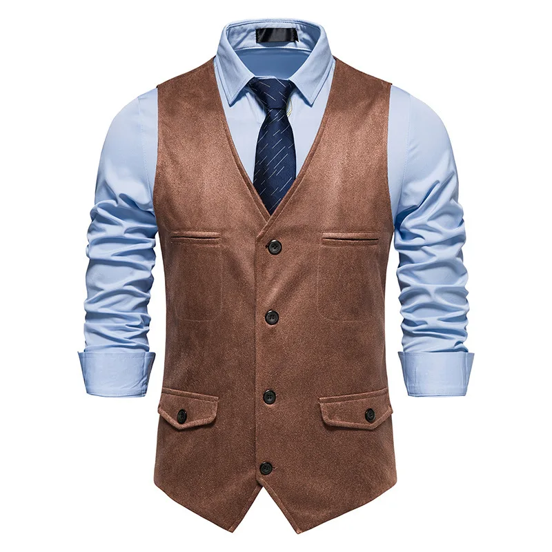 #4848 Suede Vest Men Outerwear Men's Vest V-neck Vintage Slim Fit Single Breasted Vest Male Pockets Office Waistcoat Vest Man