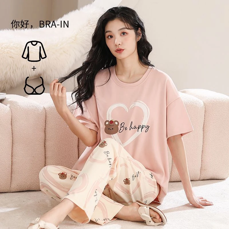 

2025 Summer Short Sleeve Long Pants Pajama Sets for Women Korean Cute Cartoon Sleepwear Homewear Pijama Mujer Femme Home Clothes