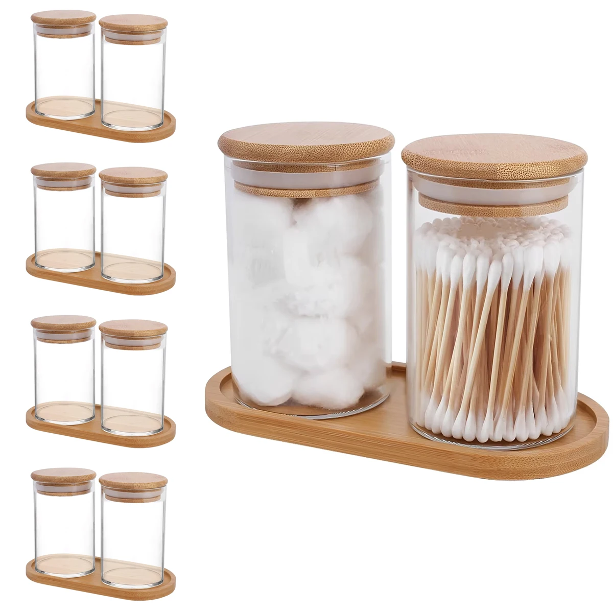 

5Sets/1Set Glass Qtip Holder Dispenser Bathroom Jars with Bamboo Lids Cotton Ball Pad Round Swab Holder for Bathroom Accessories