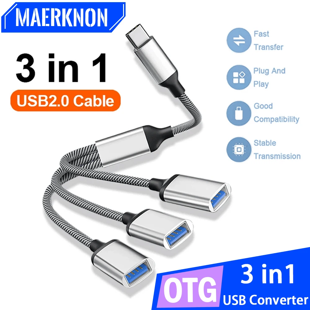 3 in 1 USB C To USB 2.0 OTG Adapter Cable USB C Convertor For Macbook Pro iPad Samsung USB To 3 Ports USB Data Transfer Adapter