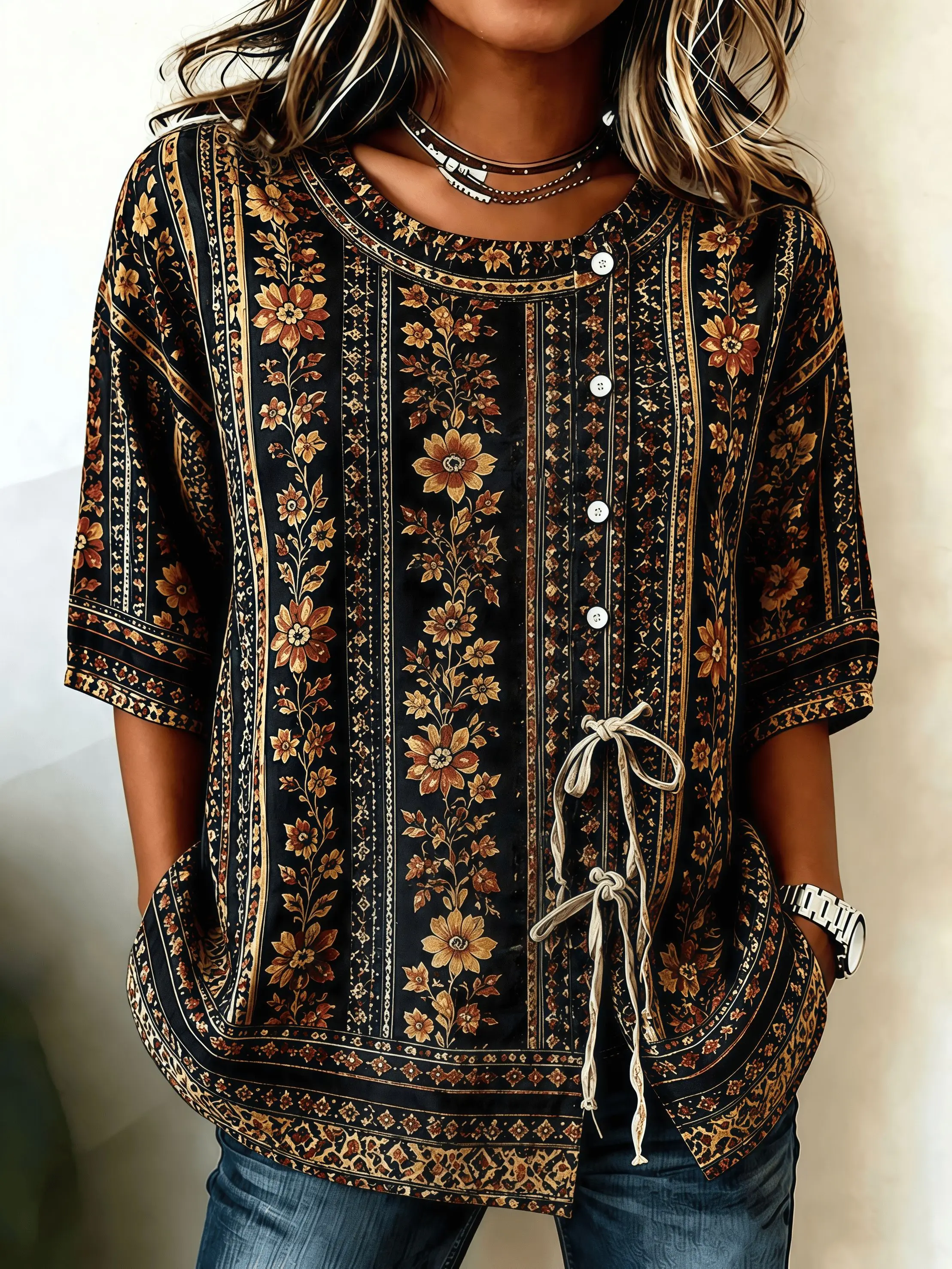 Women's Boho Black Floral Border Print Drawstring Button Up Blouse, Casual Round Neck Tops for Spring Summer Daily Wear