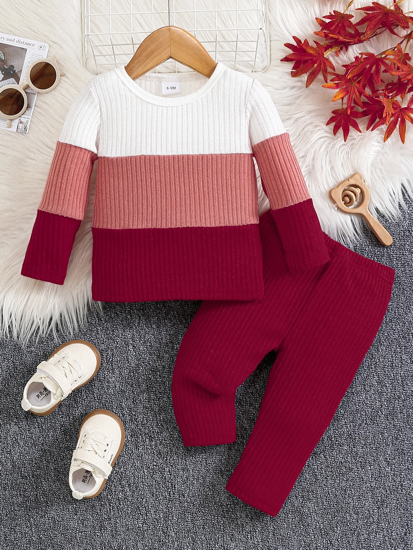 Baby Girls Color Block Ribbed Outfit Set 9M-3Y Long Sleeve Crew Neck Top + Pants Soft Knit Casual Fall Clothes