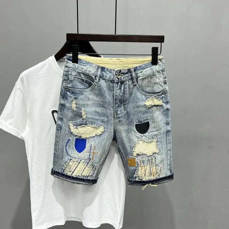 New Arrival 2023 Summer Washed Men\'s Casual Denim Shorts Stylish Cat WhiskerCowboy Ripped Distressed Patched Skinny Short Jeans