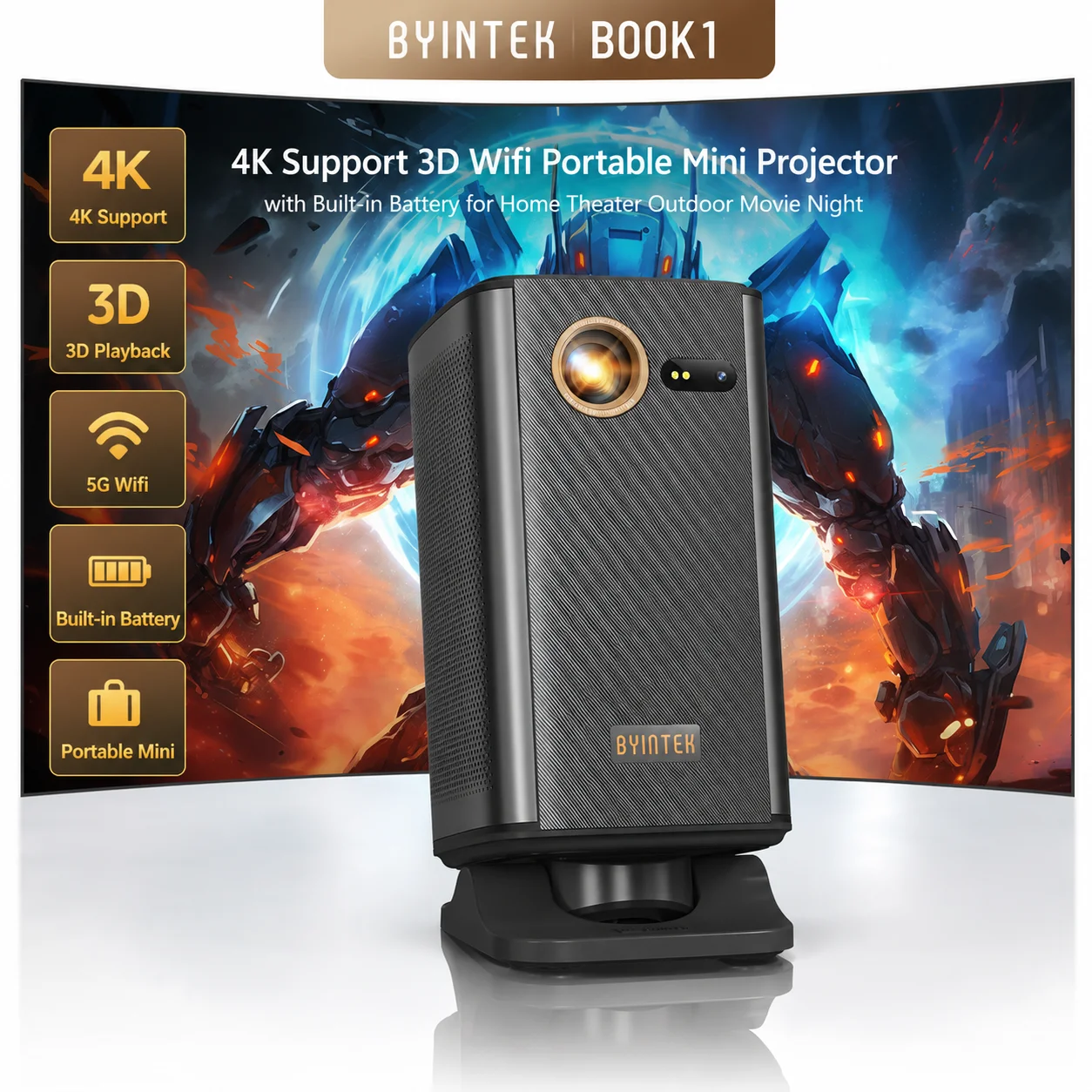 BYINTEK BOOK1 Projector 4K Support 3D Wifi Portable Mini Projector with Built‑in Battery for Home Theater Outdoor Movie Night