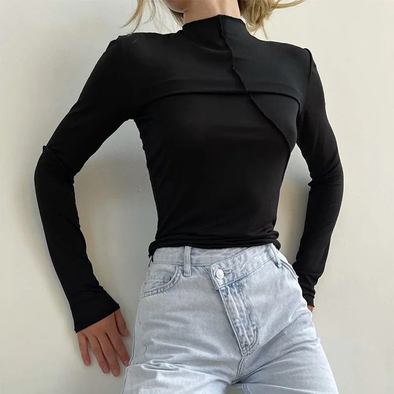 DSMTRC High-neck Fall Casual Slim Fit Basic Tops For Woman Solid Color Long Sleeve Pullover Tee Shirts