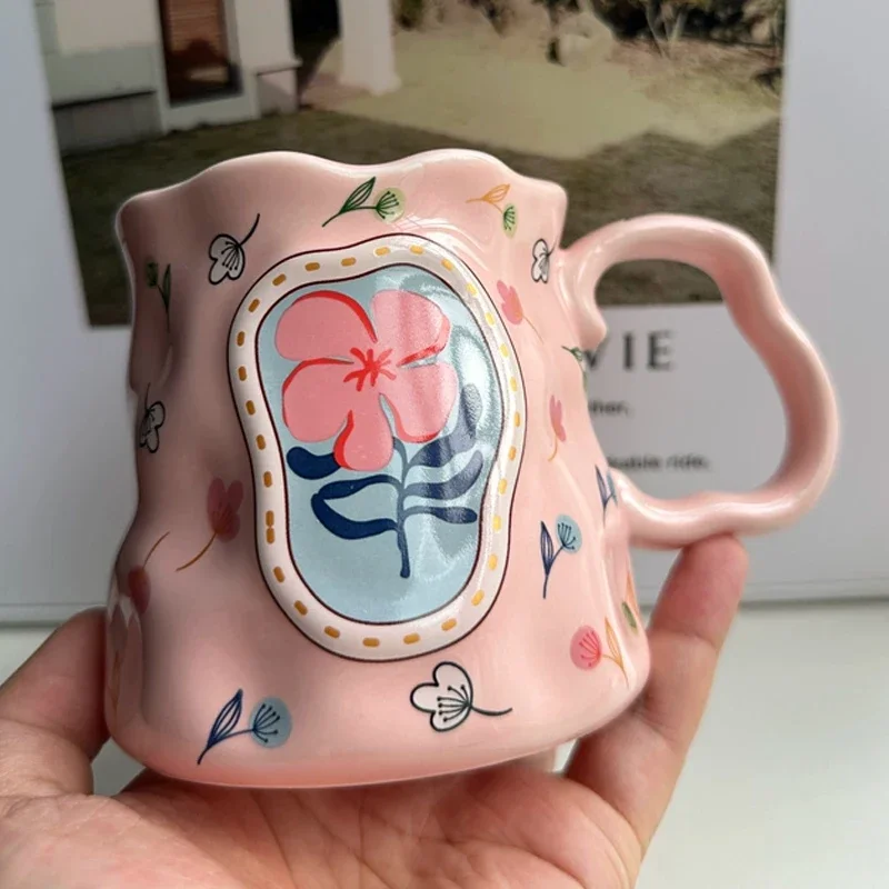 Creative Flowers Pattern Water Cups, Ceramic Household Drinkware Items, Porcelain Bring A Spoon Mug, Coffee Milk Cup, 380ML, 1Pc