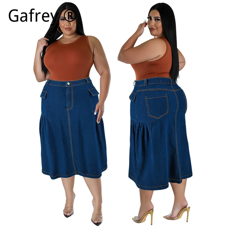 

Plus Size Summer New Denim Midi Skirt High Waist A Line Loose Fit Casual Stretchy Blue Jean Skirt Daily Work 2026