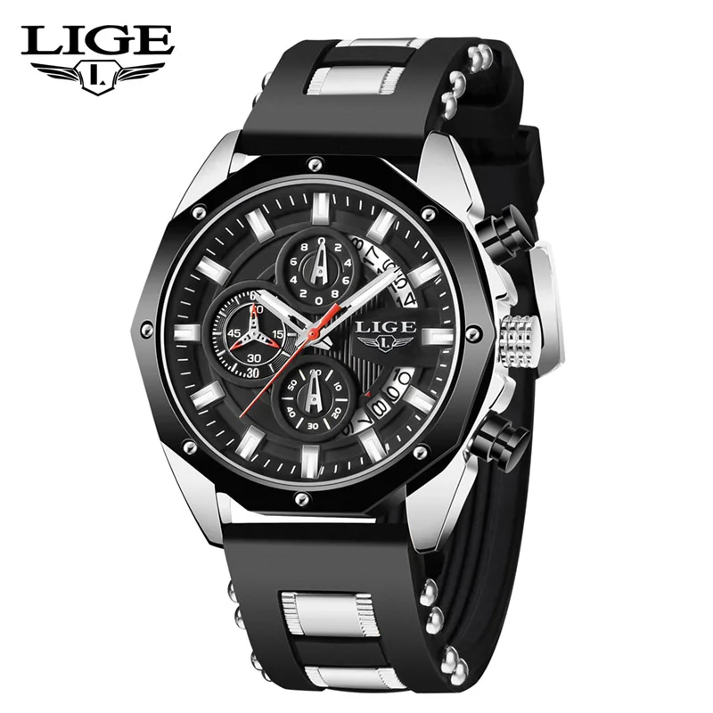 Lige mode herren uhren top marke luxus silikon sport uhr herren quarz datum uhr wasserdicht armbanduhr chronograph uhr mann