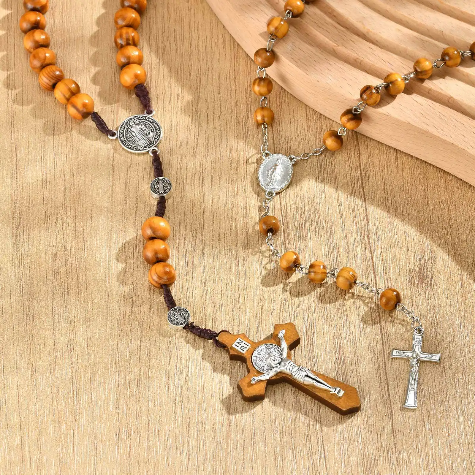Wooden Rosary Necklace for Women, INRI Crucifix Cross Pendant, Long Chain Catholic Prayer Beads, Christian Religious Gift