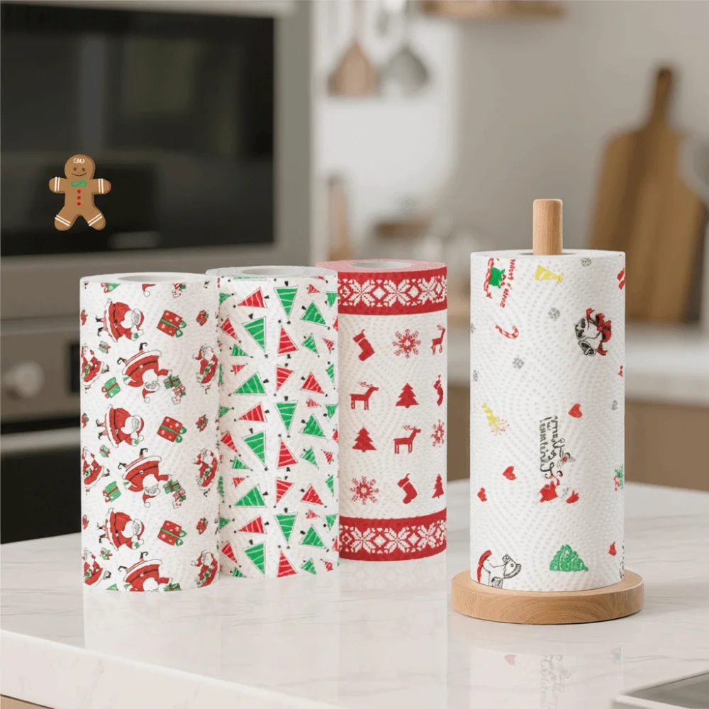 Disposable Christmas Kitchen Paper Thick Three-Layer Wet Dry Dual-Use Household Roll Paper Christmas Paper Towels Xmas Party