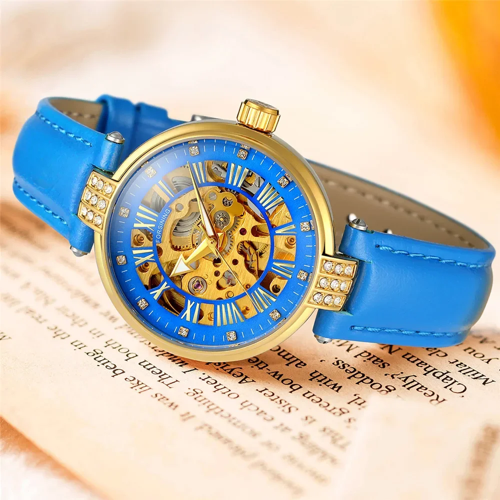 Forsining White Skeleton Automatic Mechanical Women Watch Luxury Brand Lady Wrist Watch Fashion Leather Strap Clock Reloj Mujer