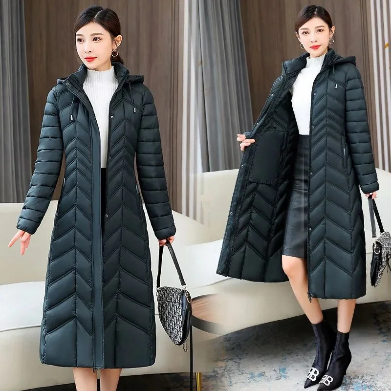 2024 New Winter Long Plaid Parkas Loose Thicken Warm Hooded Coats Women Casual Zip Up Windproof Black White Jackets Outwear