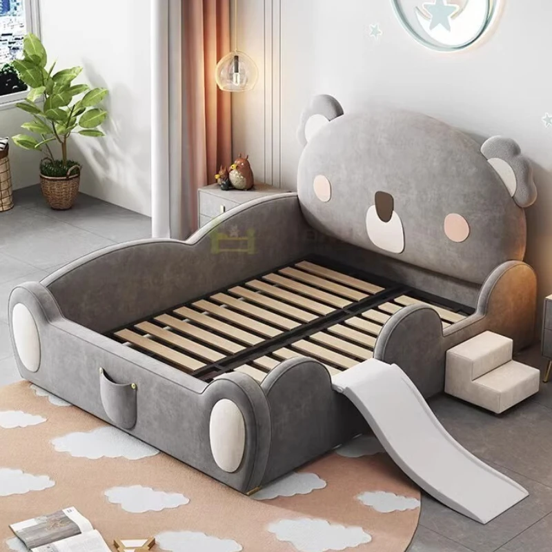 سرير أطفال من الخشب الصلب للأولاد والبنات الأميرة الدب البني سرير منزلق خفيف فاخر فردي مع درابزين أثاث غرفة نوم مضاد للسقوط