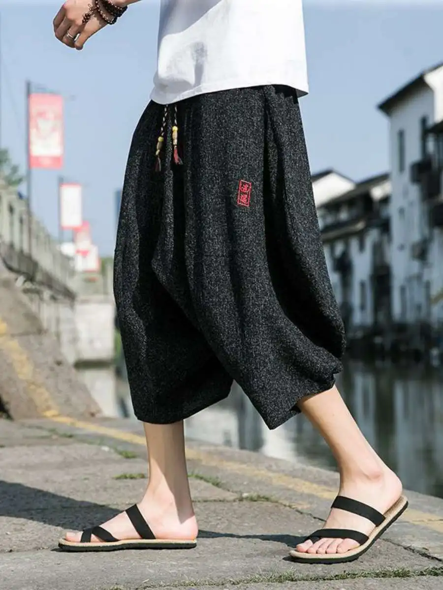 

Men's Summer Thin Cotton Linen Seven-Foot Pants Loose Casual orts Embroidered Large Size Lantern Sle Loose Fit Leisure