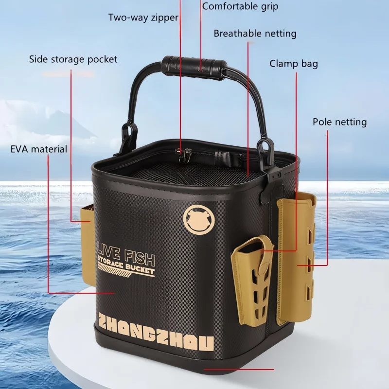 EVA Fishing Bucket Foldable Live Fish Transport Box With Net Rope For Outdoor Camping Water Storage Bait Barrel Keeping Fresh