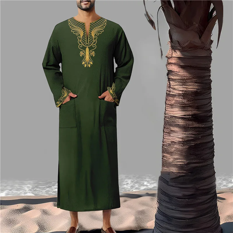 New Muslim Men's Long Sleeved Robe With Arabic Embroidery V-neck Design Loose And Breathable Color Blocked Robe