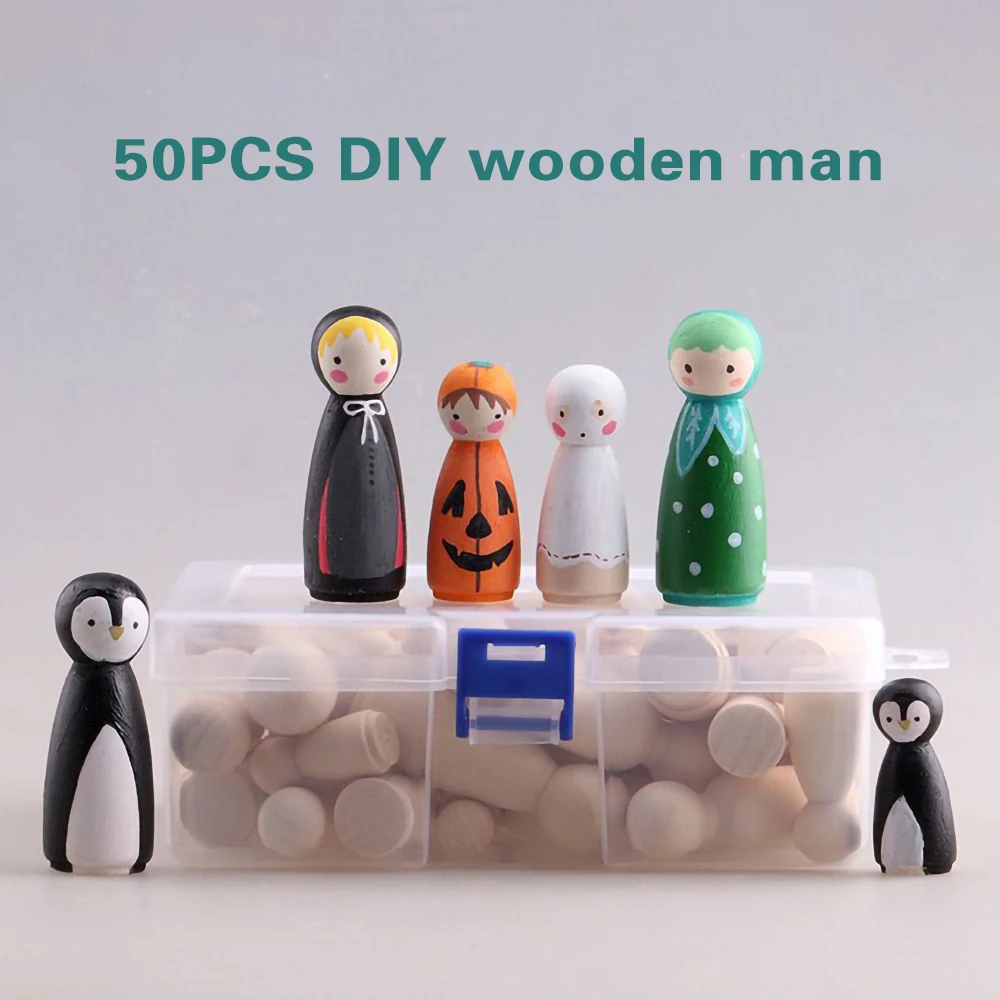 50Pcs with storage box DIY handmade graffiti painting blank small wooden man log handicraft doll puppet ornament