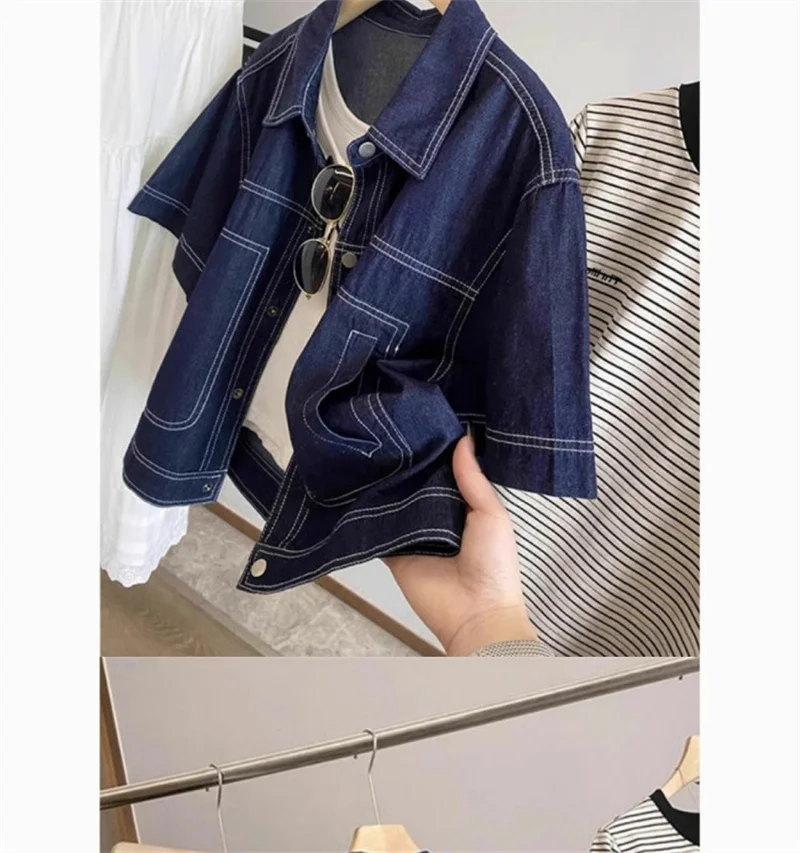 Deep Blue Retro Short Denim Shirts 2026 New Spring Summer Short Sleeved Loose Jeans Jacket Women Korean Versatile Outwear Tops