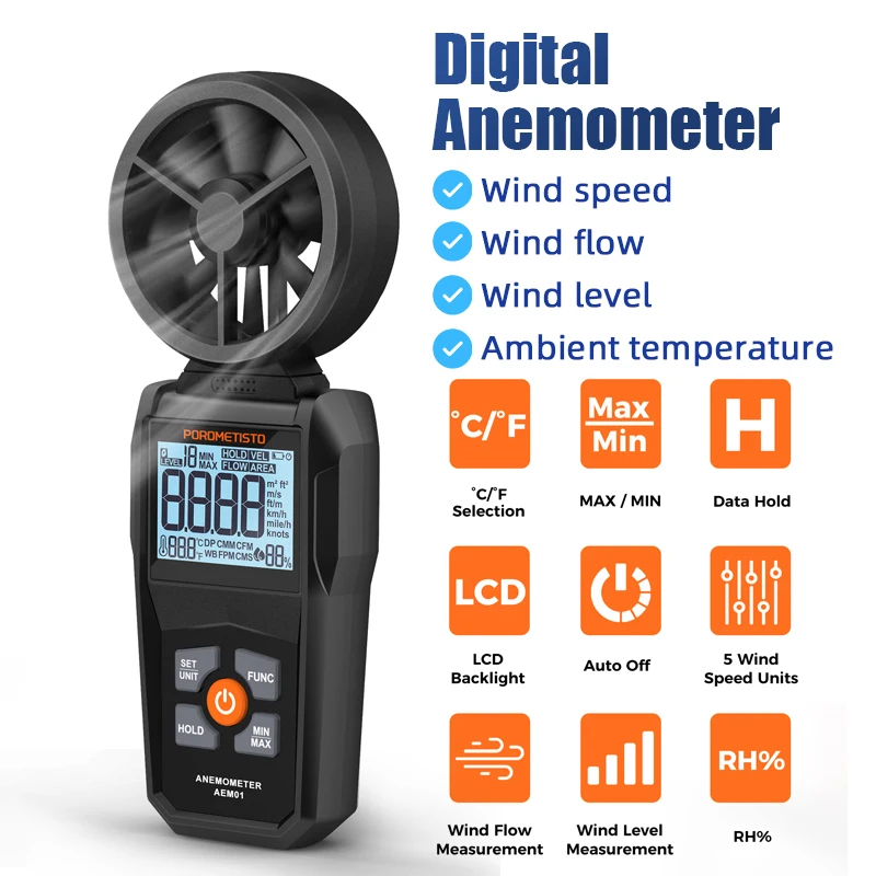 AEM01 مقياس شدة الريح الرقمي المحمول مقياس سرعة الرياح يقيس سرعة الرياح ودرجة حرارة الرياح البرد ماكس/دقيقة أداة قياس #1
