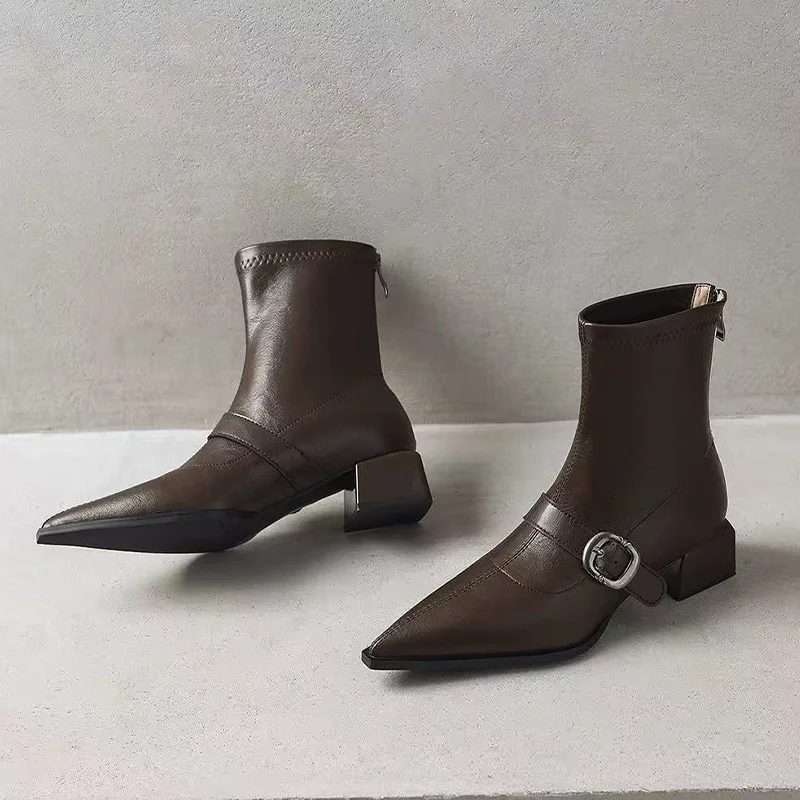 

Ankle Boots for Women's Pointed Toe Mid Heels Elegant Shoes 2025 Winter Fad Gothic Boots Pumps New Leather Chelsea Mujer Botas