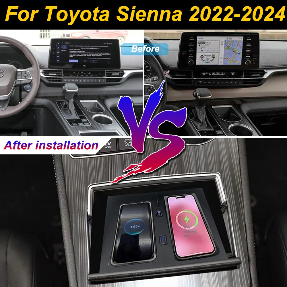 2 Din for Toyota Sienna 2022-2024 Car Wireless Mobile Phone Charger Center Console Storage 18W iphone fast charge plate holder