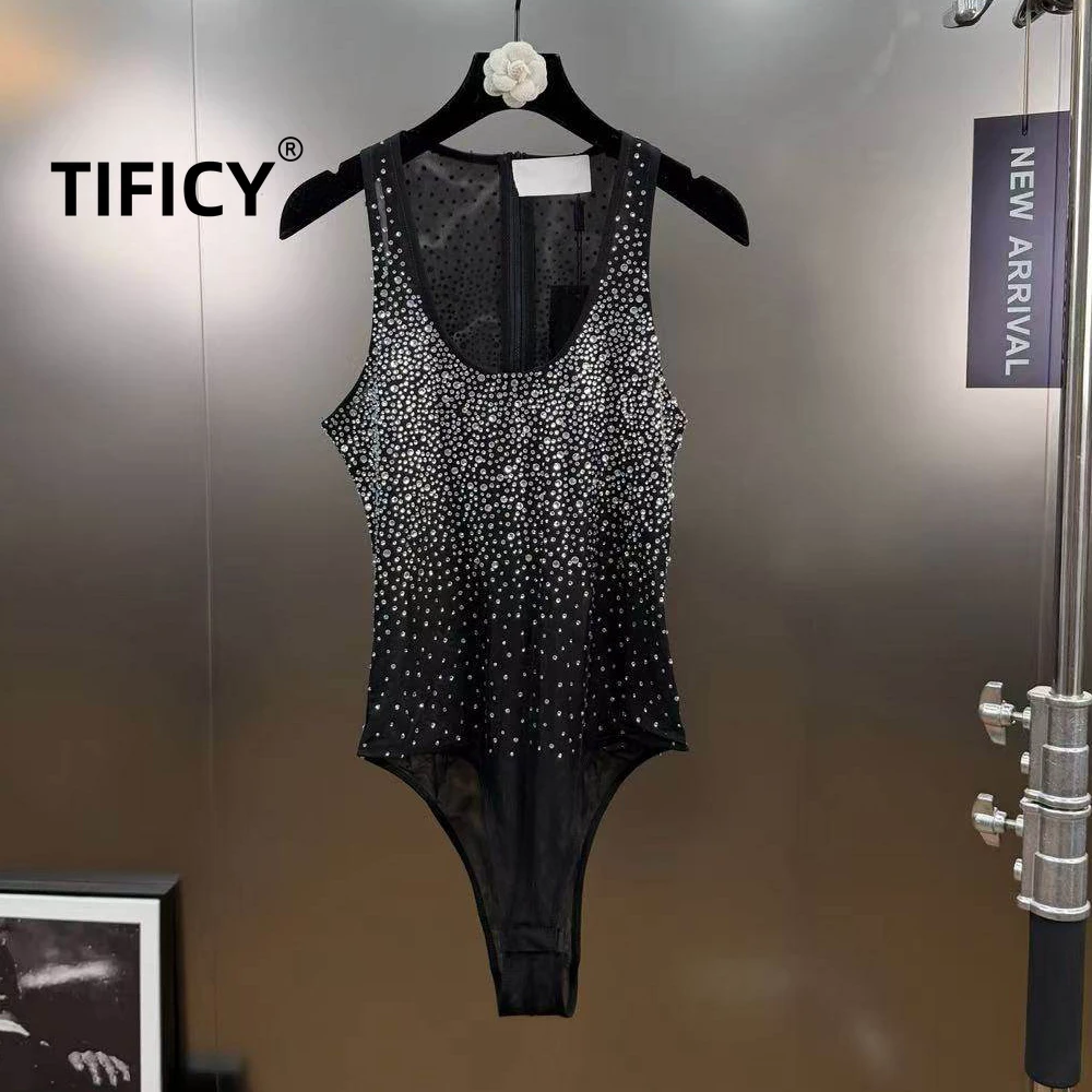 High Street Jumpsuit Women's Spring Round Neck Sleeveless Rhinestone Sparkling Ins Style Jumpsuit Rompers Slim Fit for Slimming
