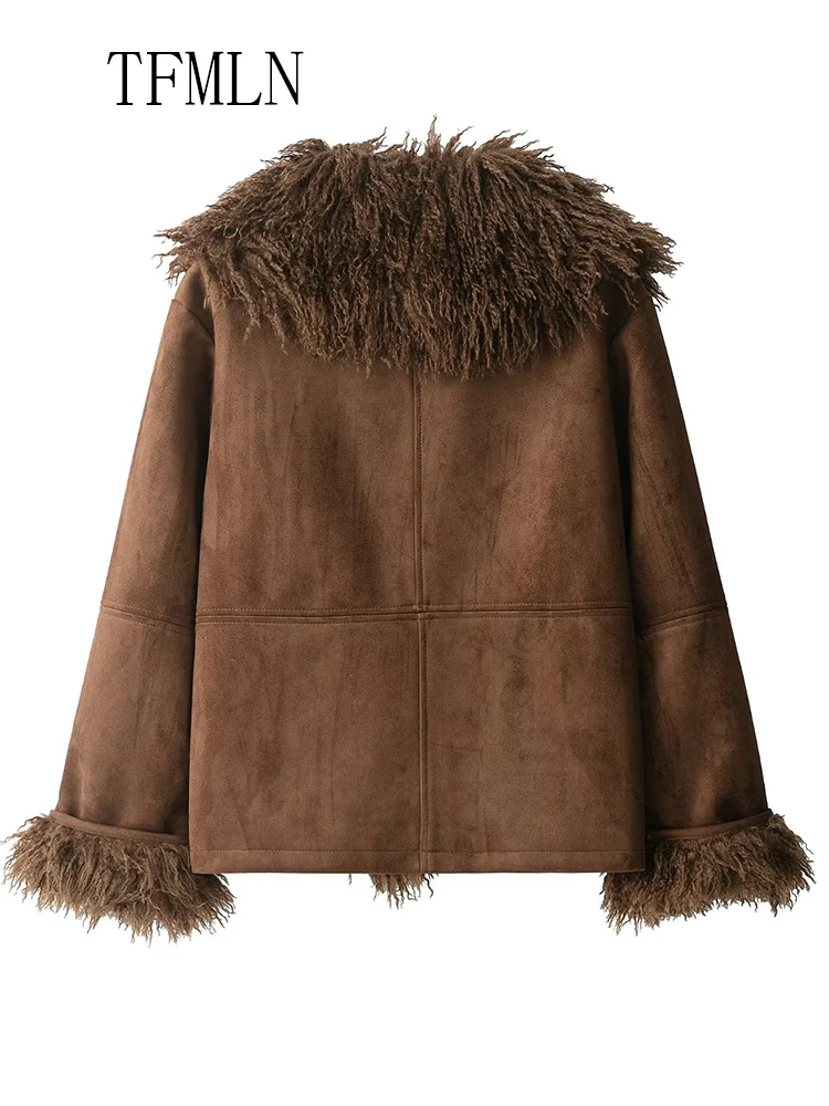 Warm Patchwork Faux Fur Jacket Women  2025 Autumn Winter Retro Covered Button Pockets Street Causal Coat Luxury Thick Outwear