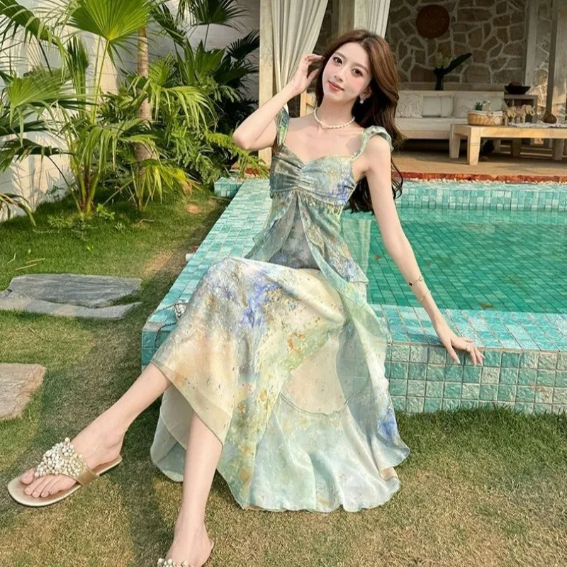 Mode Elegante Damen Kleider Sommer Neue Sexy Ärmellose Blumen Midi Kleid Boho Strand Casual Süße Fee Kleidung Frauen