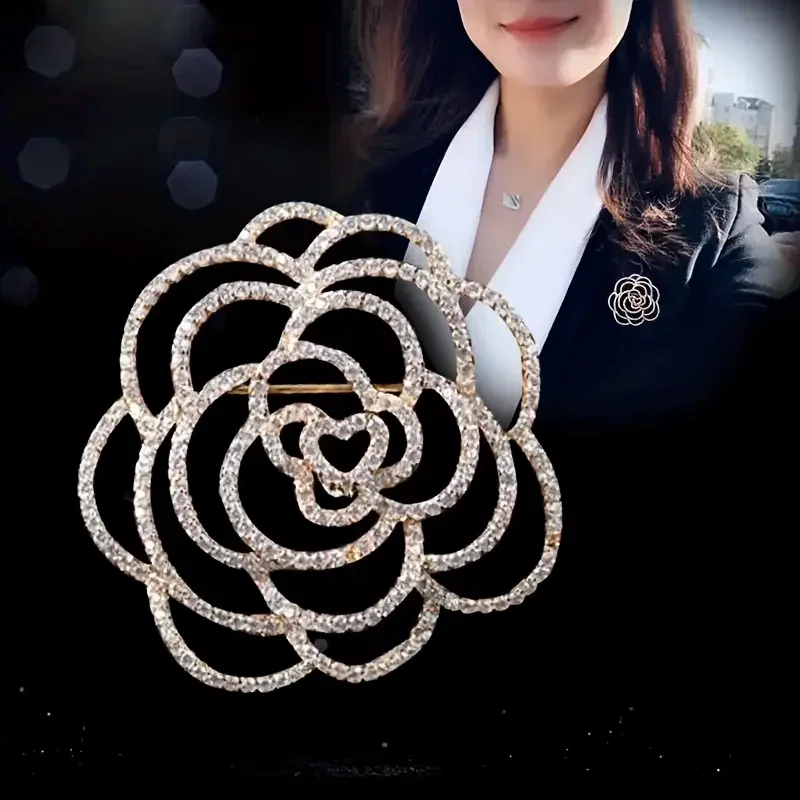 Fashion Creative Design Camellia Brooch Ladies Scarf Decoration Crystal Zircon Rose Flower Brooch Girl Dinner Suit Dress Pin