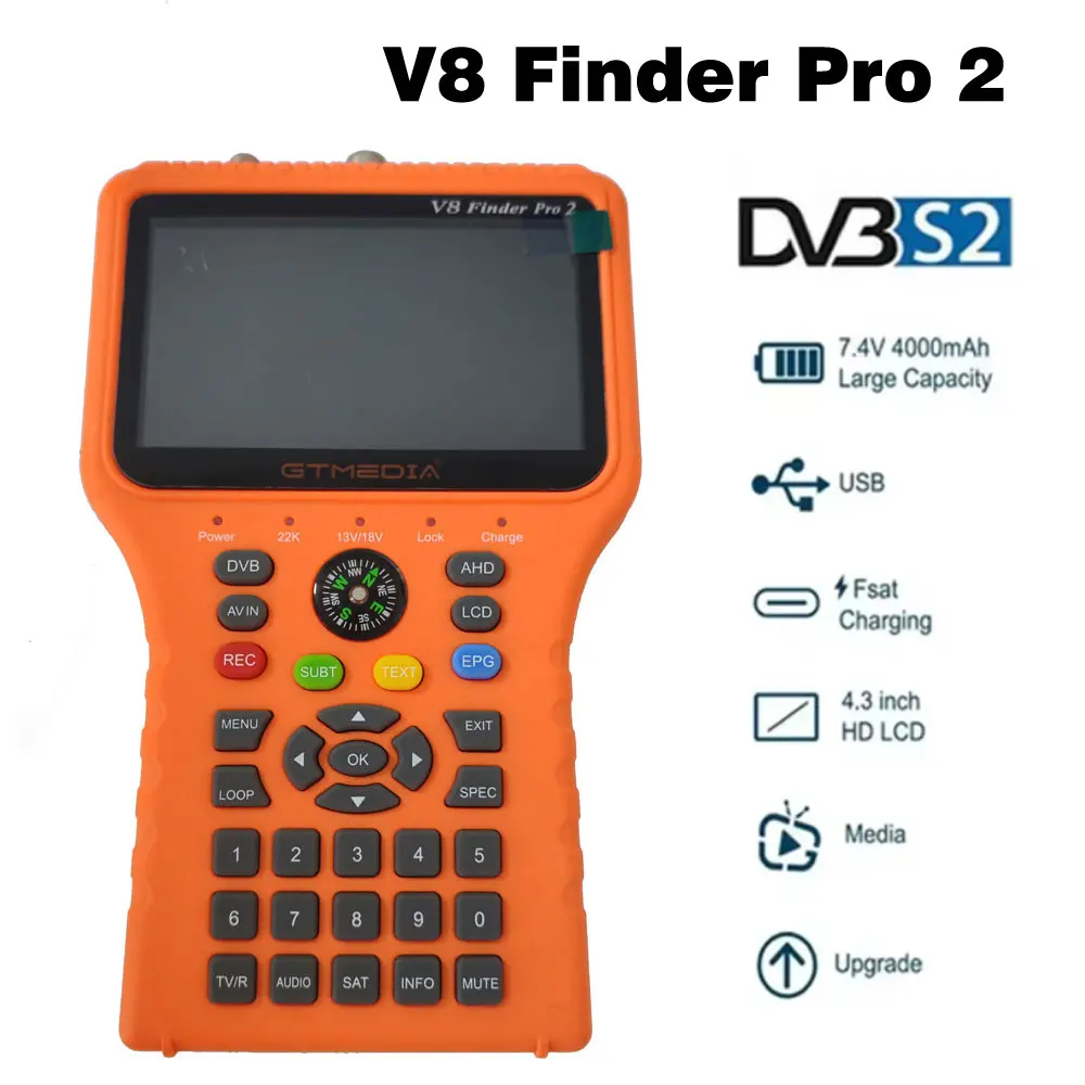 

V8 Finder Pro Satellite TV Signal Finder DVB-S/S2/S2X H.264/H.265 (8 bit) Satellite Finder Meter 4.3 inch LCD Gtmedia TV tuners