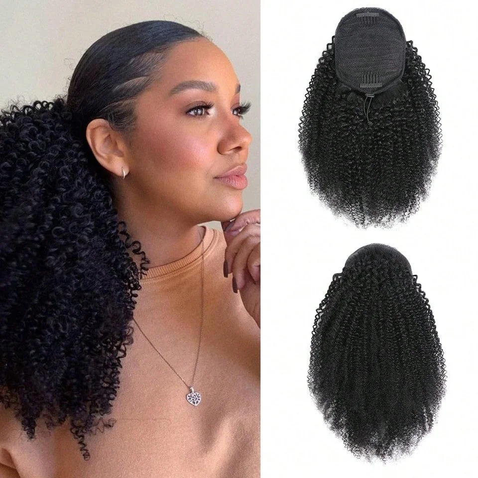 Human Hair Afro Kinky Curly Ponytail Drawstring Fluffy Ponytail Extension for Women Afro Puff Drawstring Ponytail Human Hair Extension Natural Curly Ponytail Hair Extensions Clip-in Extensions with Wrap Drawstring and Clips Hairpiece for Daily Use