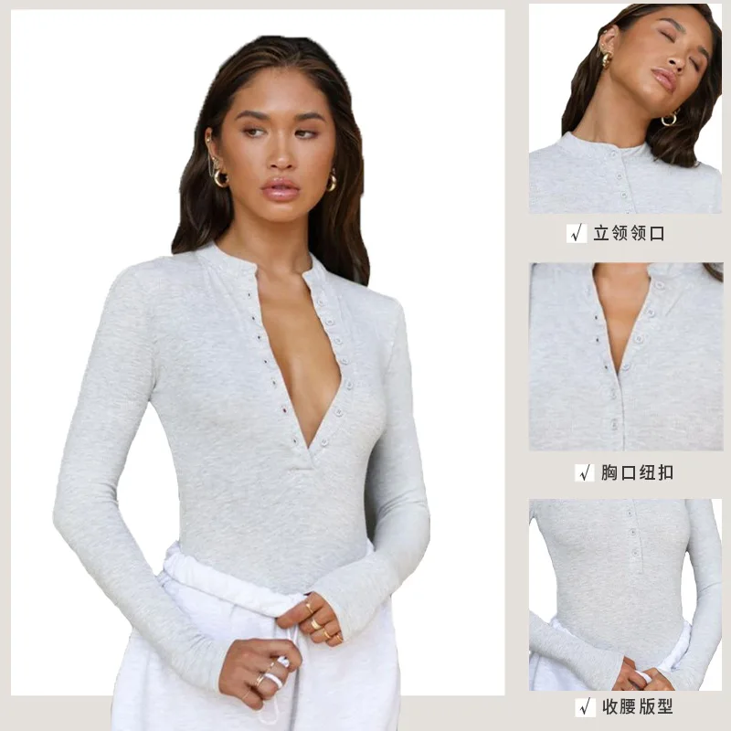 

Women Base Layer 2026 Spring Autumn New Women's Vintage Stand Collar Button Long Sleeve T Shirt Outdoor Sports Yoga Top