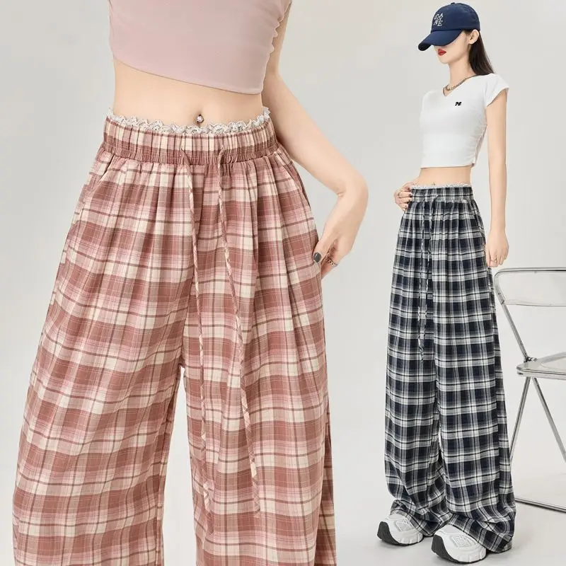 Lace edged checkered wide leg pants women lazy style spring new high waisted drawstring loose casual floor length pants