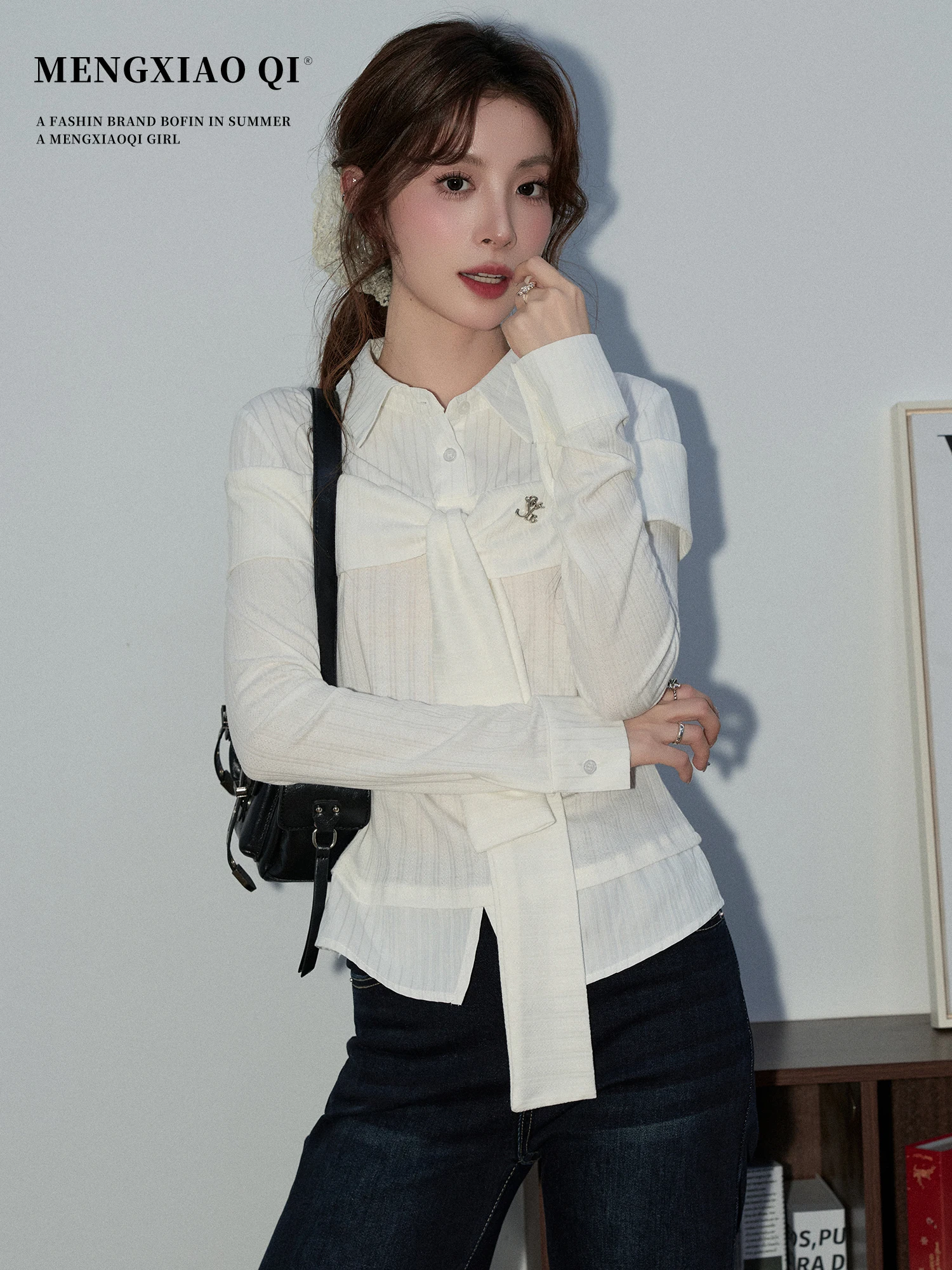 

Meng Xiaoqi Korean Sle Splice irt Women's Slim Fit Long Sve Spring New Sle Faionable ort Top Weight Loss Effect
