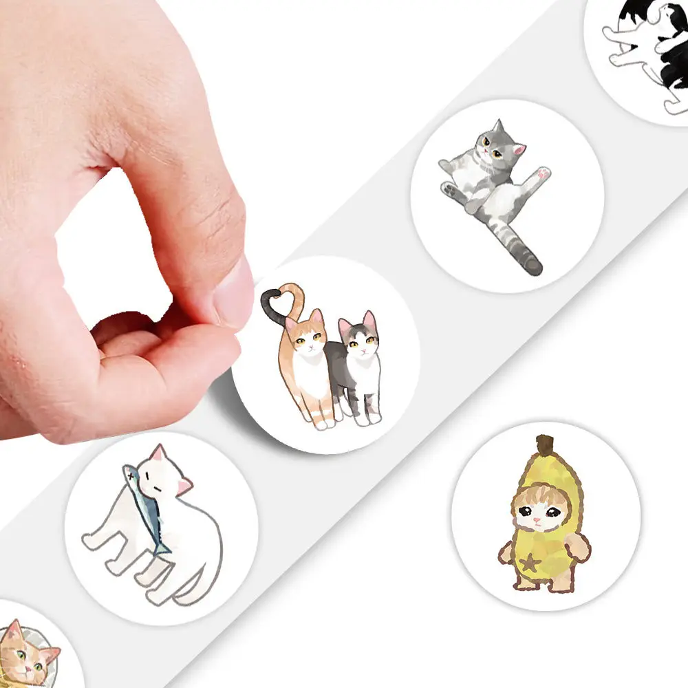 500 sztuk/rolka Kreskówkowe Pętle Śliczne Zwierzęta Kotek Dekoracja Naklejki na Biurko Telefon Komórkowy Kubek na Wodę Hurtownia Artykułów Papierniczych dla Dzieci