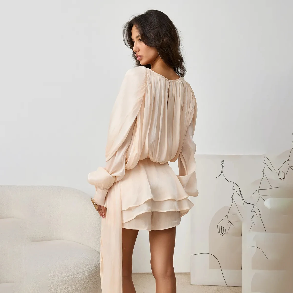 Women's dress Solid Blouse Mini Dresses For Women V Neck Long Sleeve Spliced Lace Up Sweet Style Dress Female Clothing Fashion