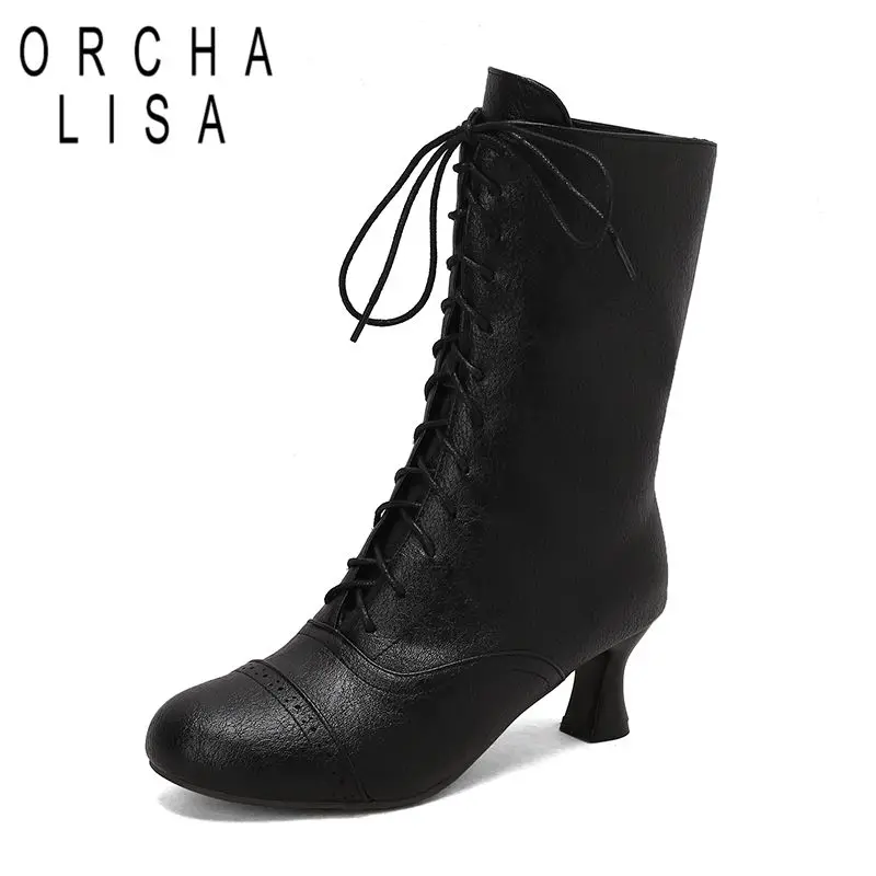 

ORCHA LISAORCHA LISA Новый дизайн Женские сапоги до середины икры с круглым носком Странные каблуки 5,5 см на шнуровке Большой размер 47 48 49 50 Retro Ca