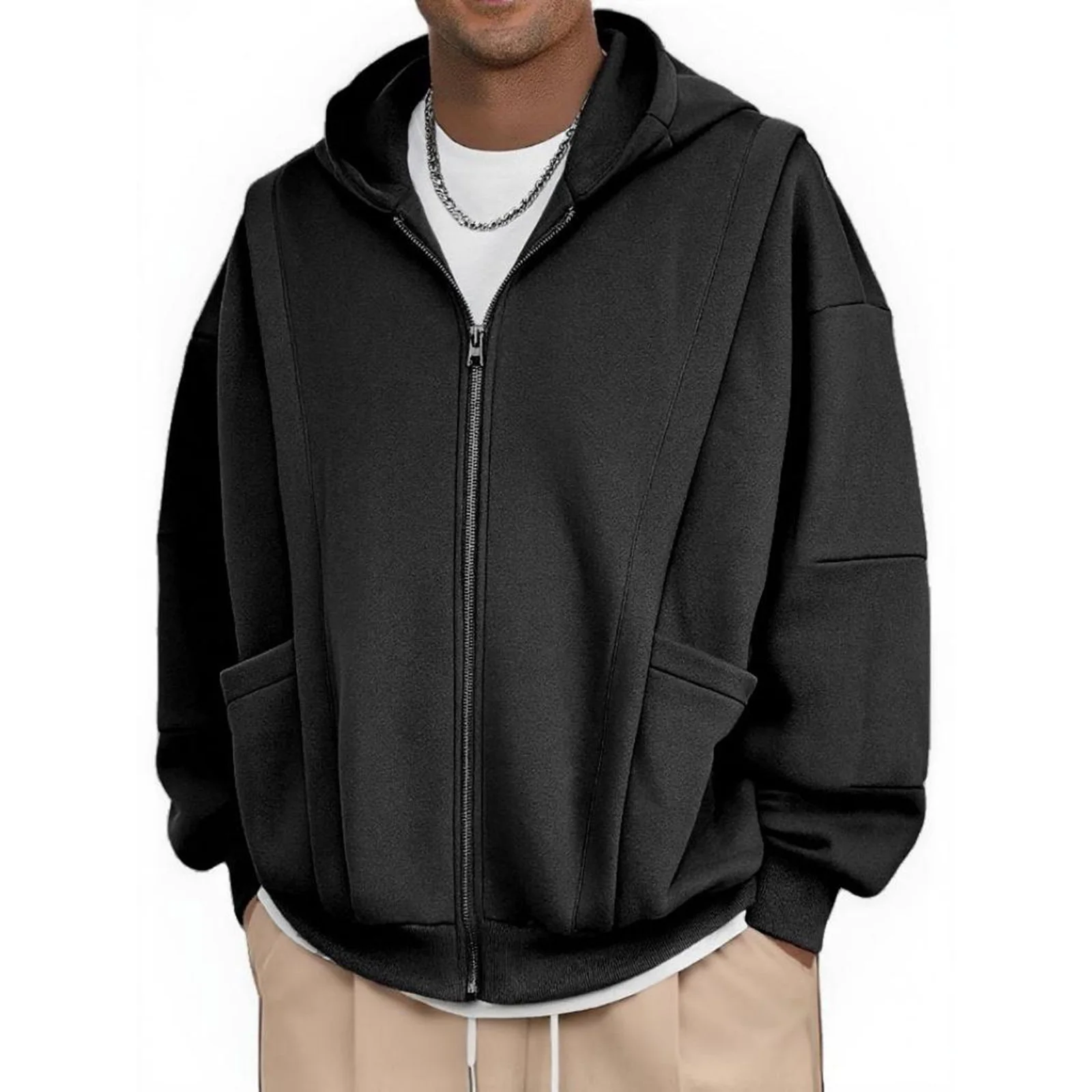 Sweat à capuche zippé pour hommes, Vintage, ample, solide, manches longues, veste à capuche avec poches pour l'hiver et l'automne