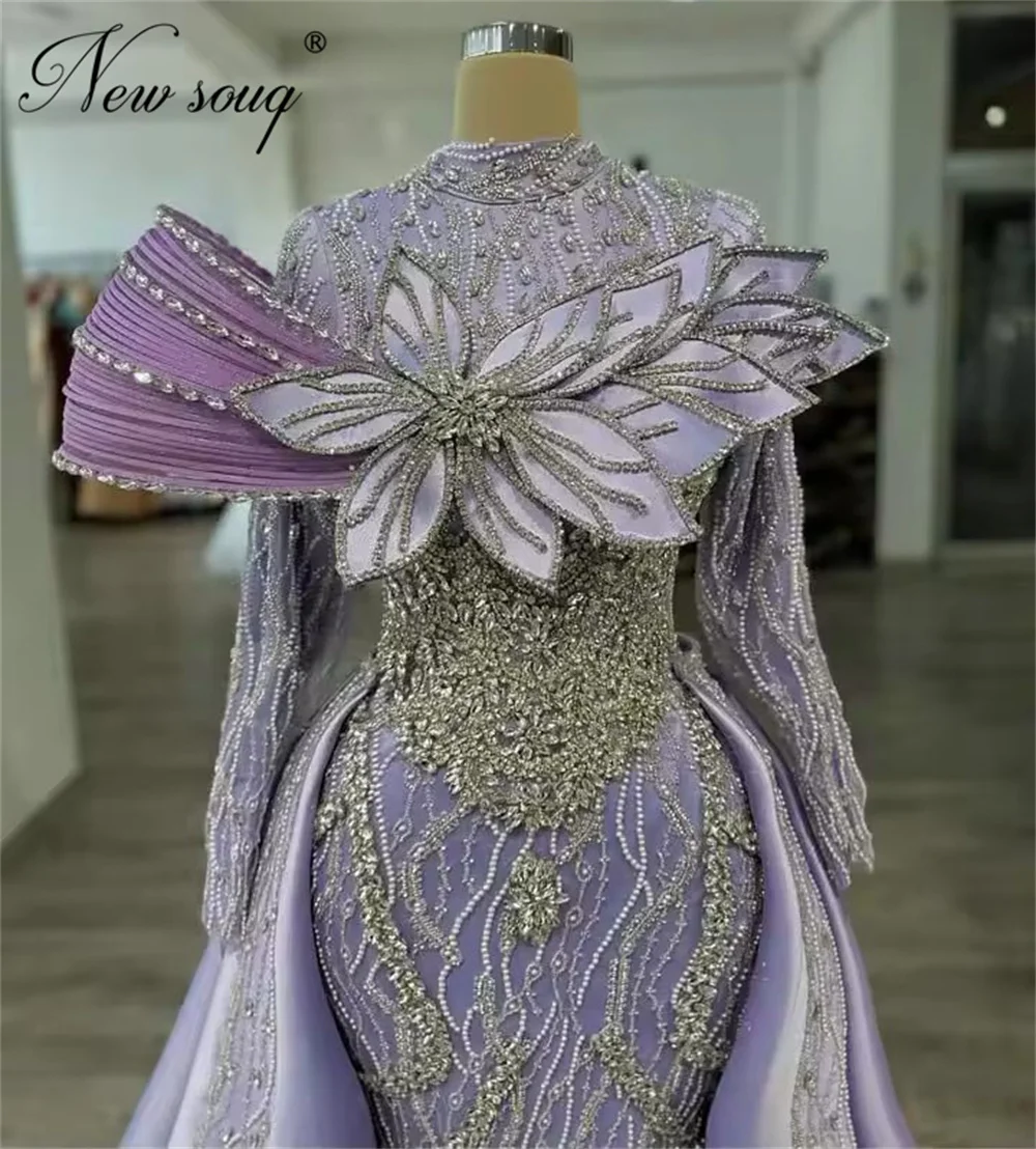 

Сиреневые вечерние платья из двух частей с длинными рукавами, элегантное платье для выпускного вечера с бисером и кристаллами, Vestidos De Cóctel, вечерние платья по индивидуальному заказу