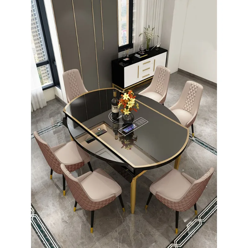 Dining table household small apartment modern with induction cooker retractable tempered glass dining table dining table variabl