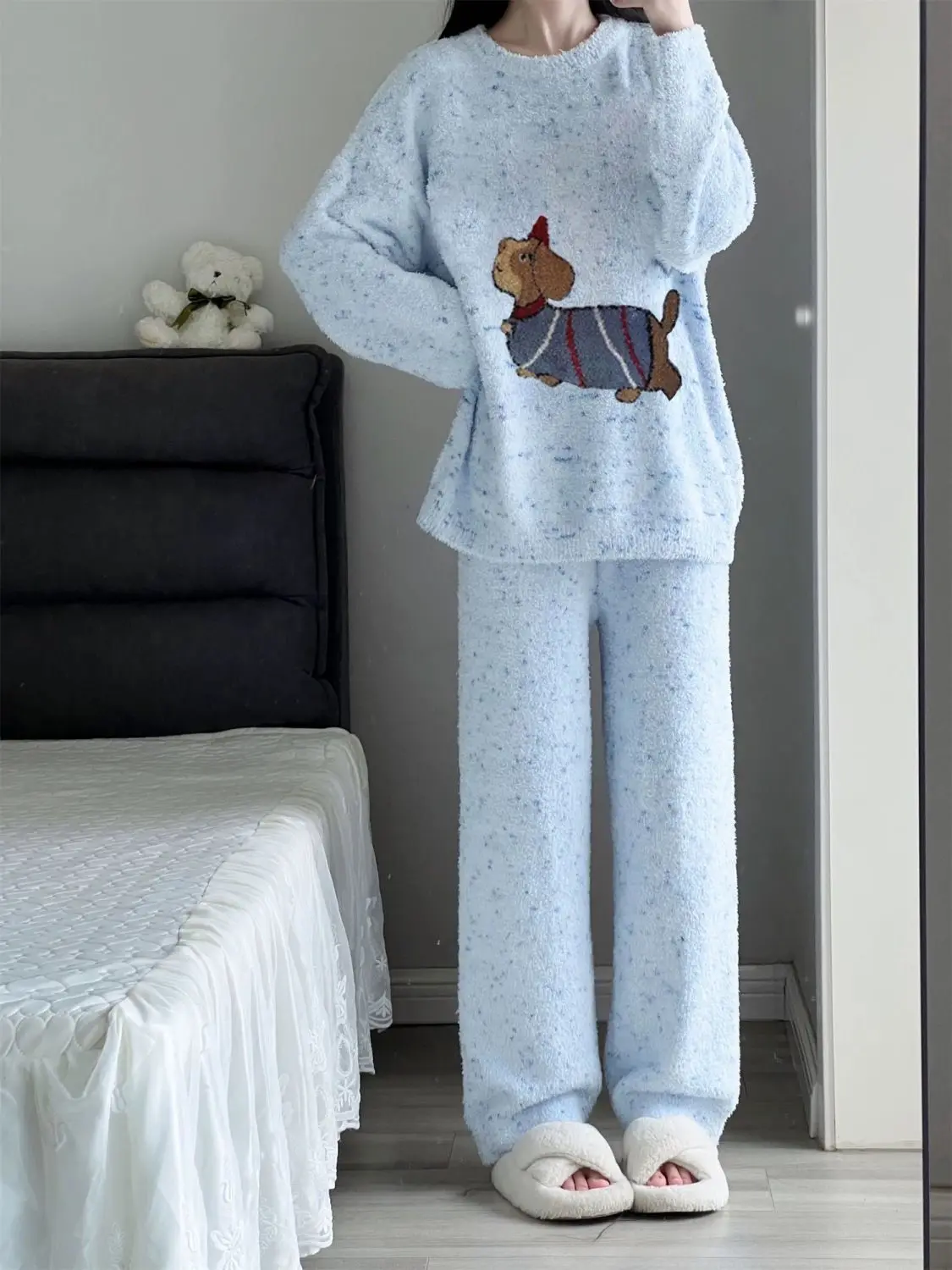 Coral Velvet Pajamas Women Winter  Sweet Cute Dog Leisure Thickened Girls Homewear Blue Soft Warm Set