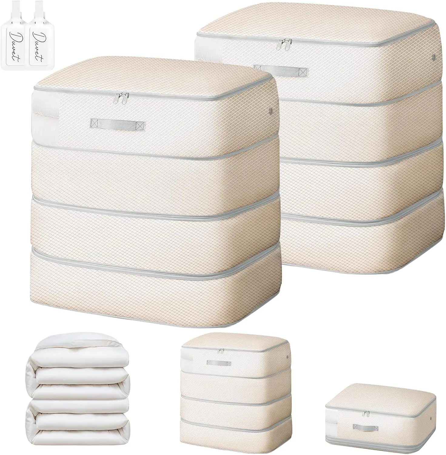 

Large 130L Compression Storage Bag, 4-Layer Space Saving Organizer for Blankets & Comforters, Washable, 2-Pack Beige